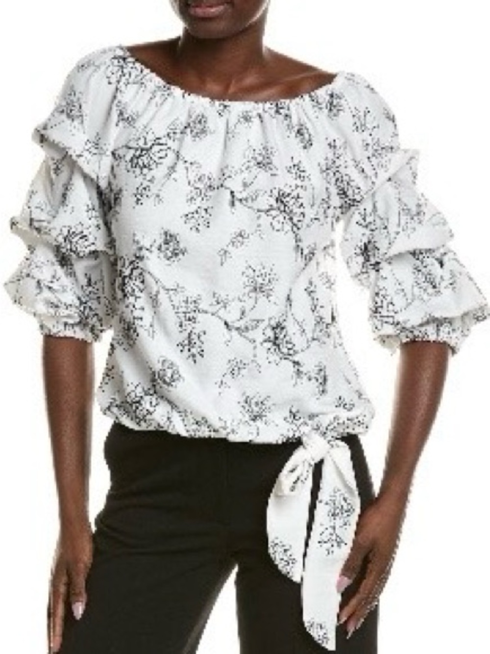 Vince Camuto White & Black Floral Ruffle Tie-Hem Blouse